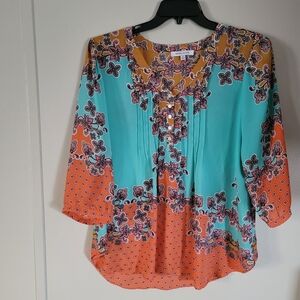 Rose & Olive Floral Blouse - Orange and Blue